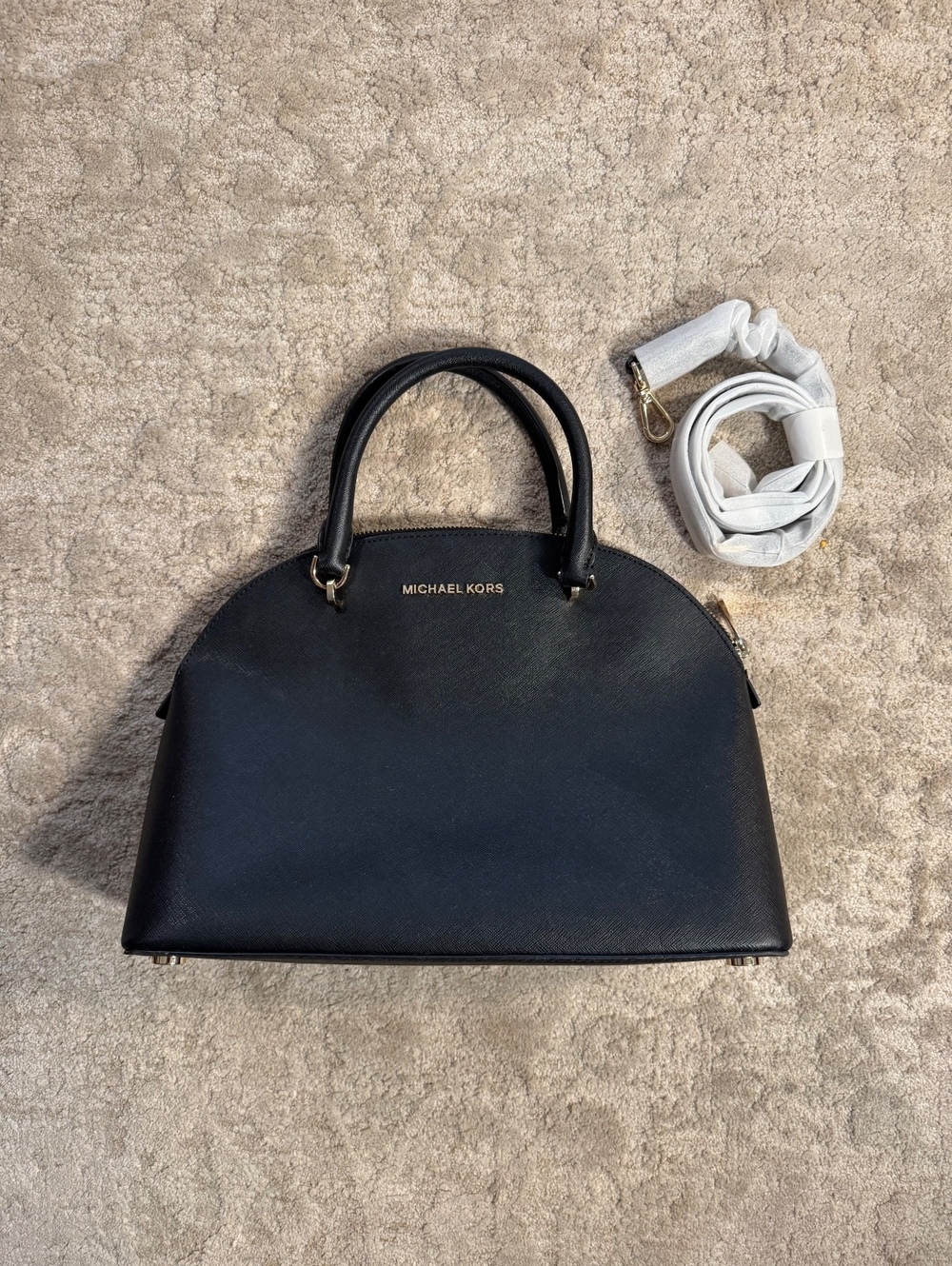 Michael Kors Black Leather Dome Satchel Handbag with Removable Strap